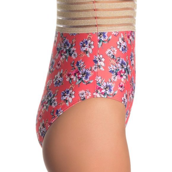 Nicole Miller Floral Coral Swimsuit with Lurex Trim - Picture 4 of 7